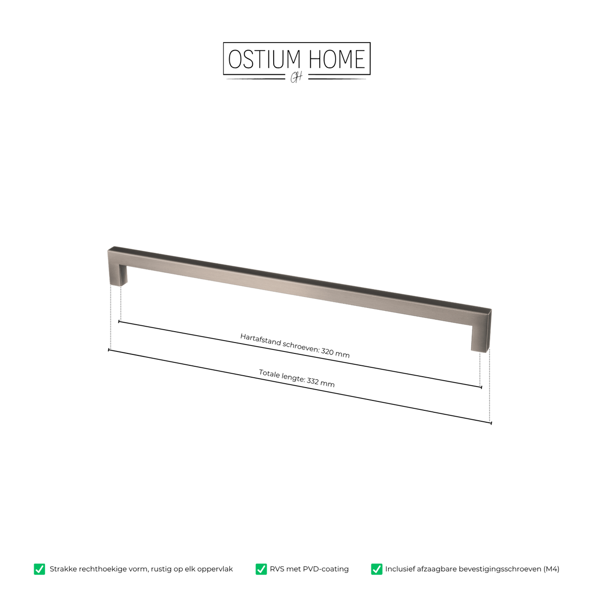 Maattekening van meubelgreep in gun metal, hartafstand 320 mm, lengte 332 mm