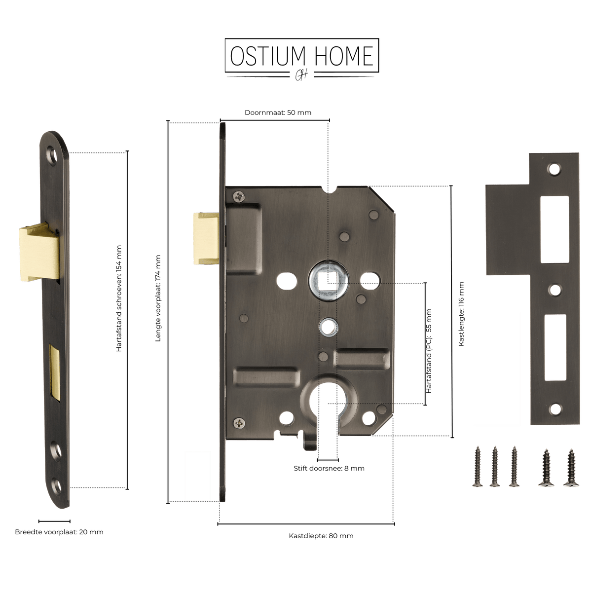 Maattekening van cilinderinsteekslot gun metal PC 55 mm