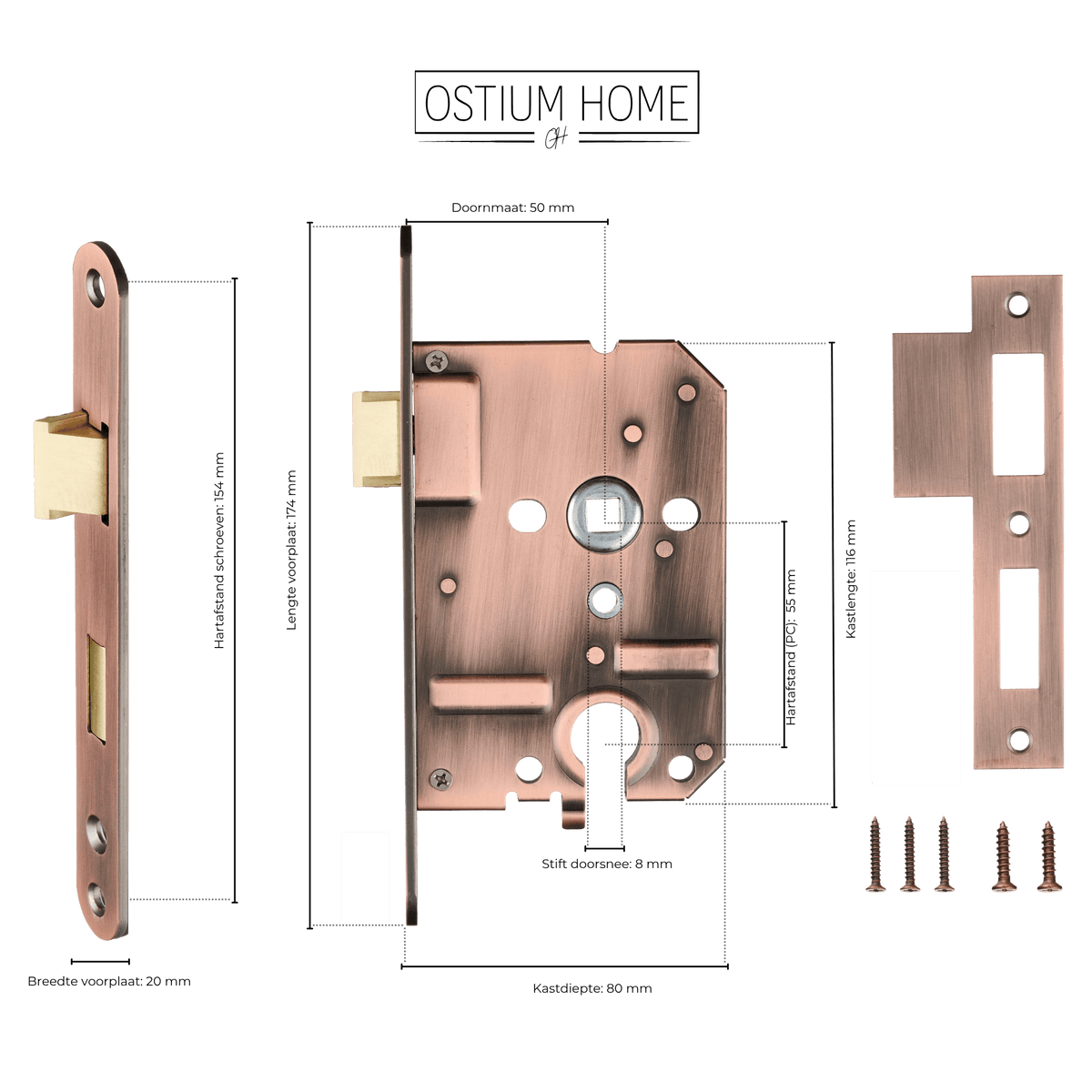 Maattekening van cilinderinsteekslot koper PC 55 mm