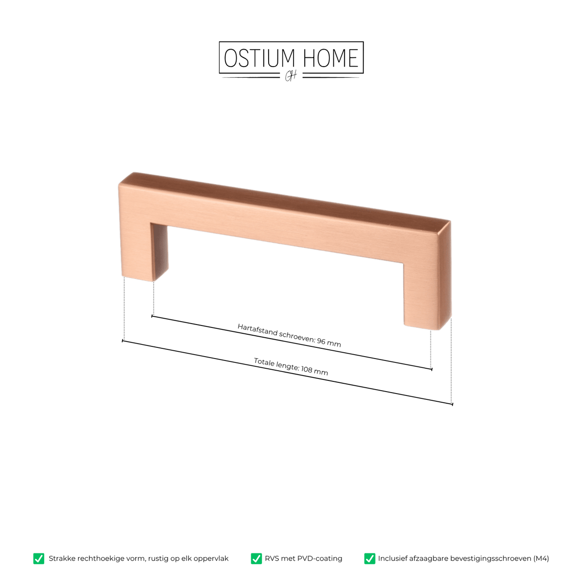 Maattekening van meubelgreep in koper, hartafstand 96 mm, lengte 108 mm