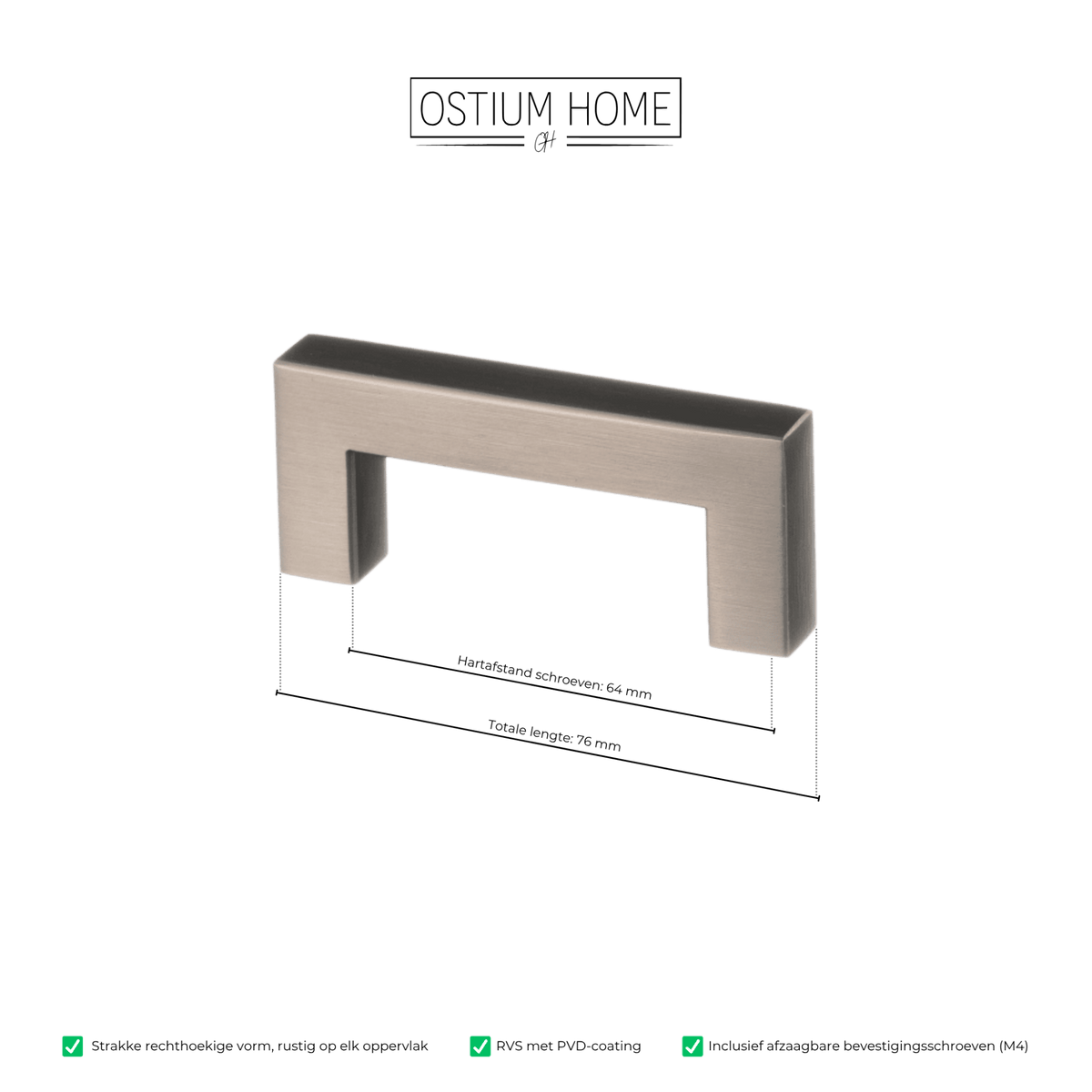 Maattekening van meubelgreep in gun metal, hartafstand 64 mm, lengte 76 mm