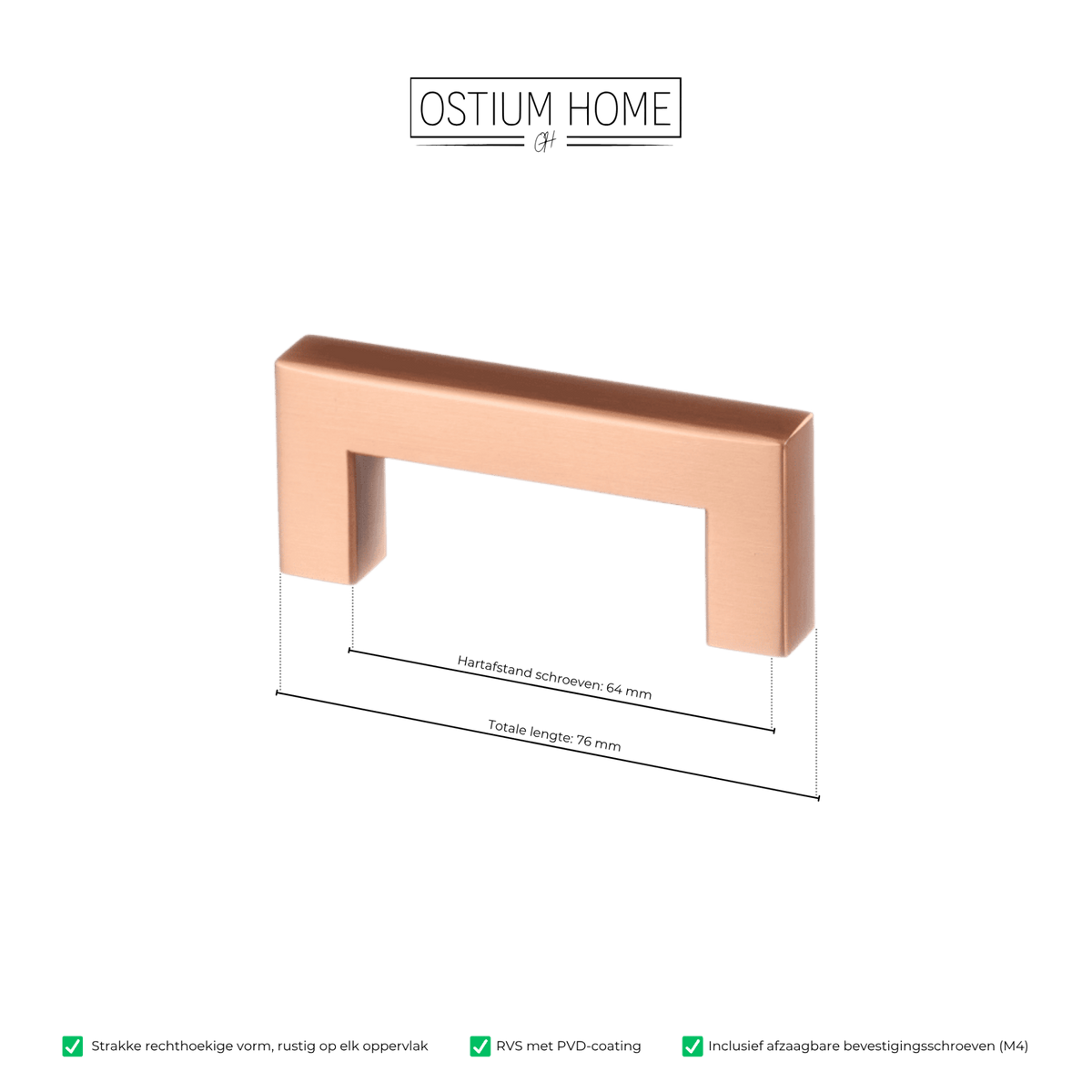 Maattekening van meubelgreep in koper, hartafstand 64 mm, lengte 76 mm