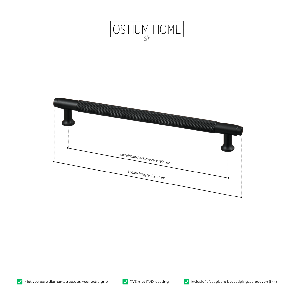 Maattekening van meubelgreep in zwart met diamond cut structuur, hartafstand 192 mm, lengte 224 mm