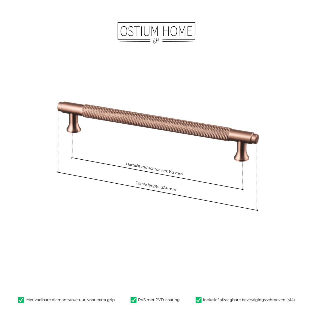 Maattekening van meubelgreep in koper met diamond cut structuur, hartafstand 192 mm, lengte 224 mm