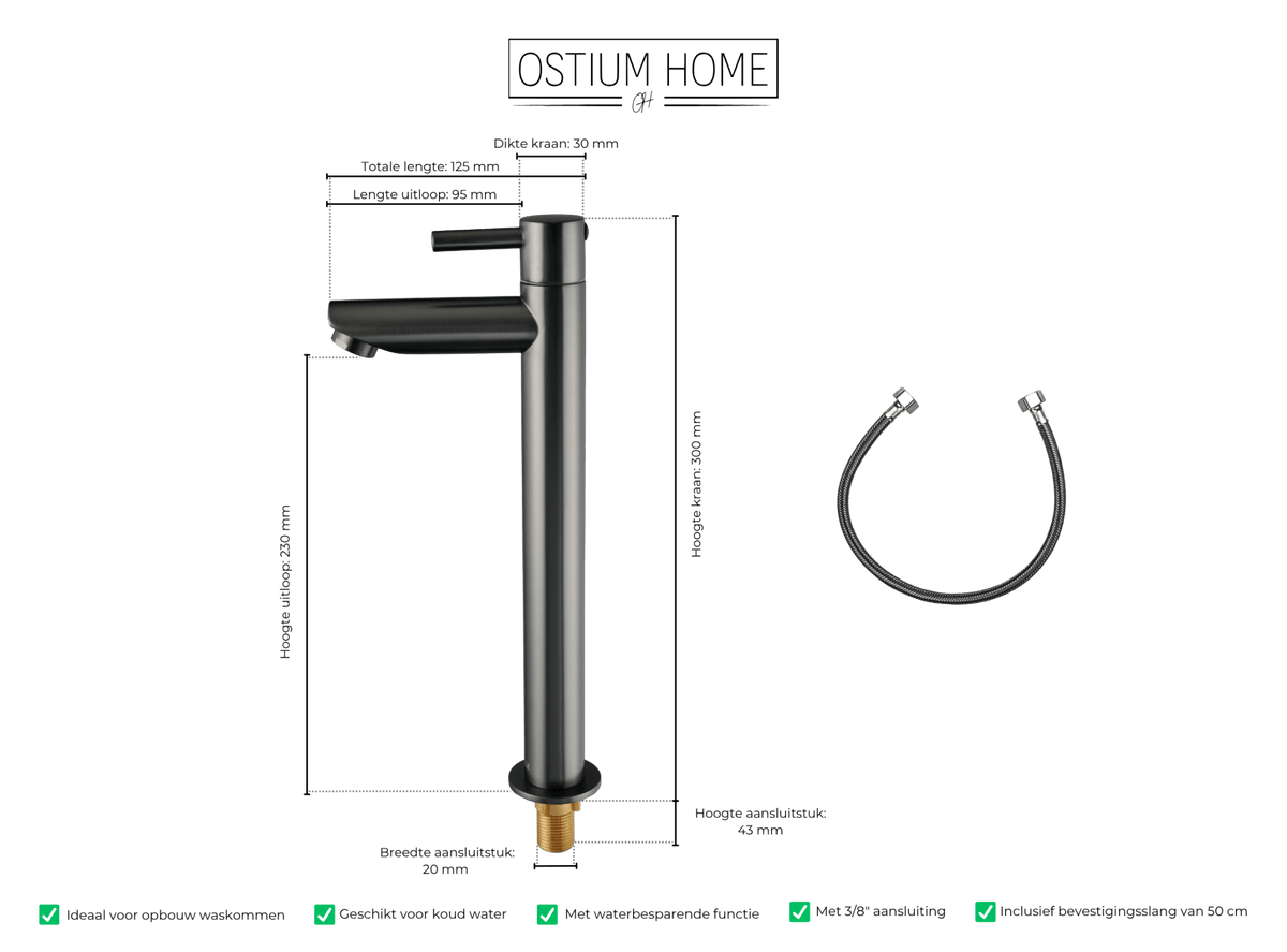 Maattekening van hoge fonteinkraan Altano in gun metal