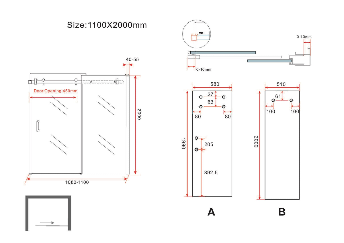 Maattekening Slide nis schuifdeur 110x200cm 8mm Nano helder glas Chroom