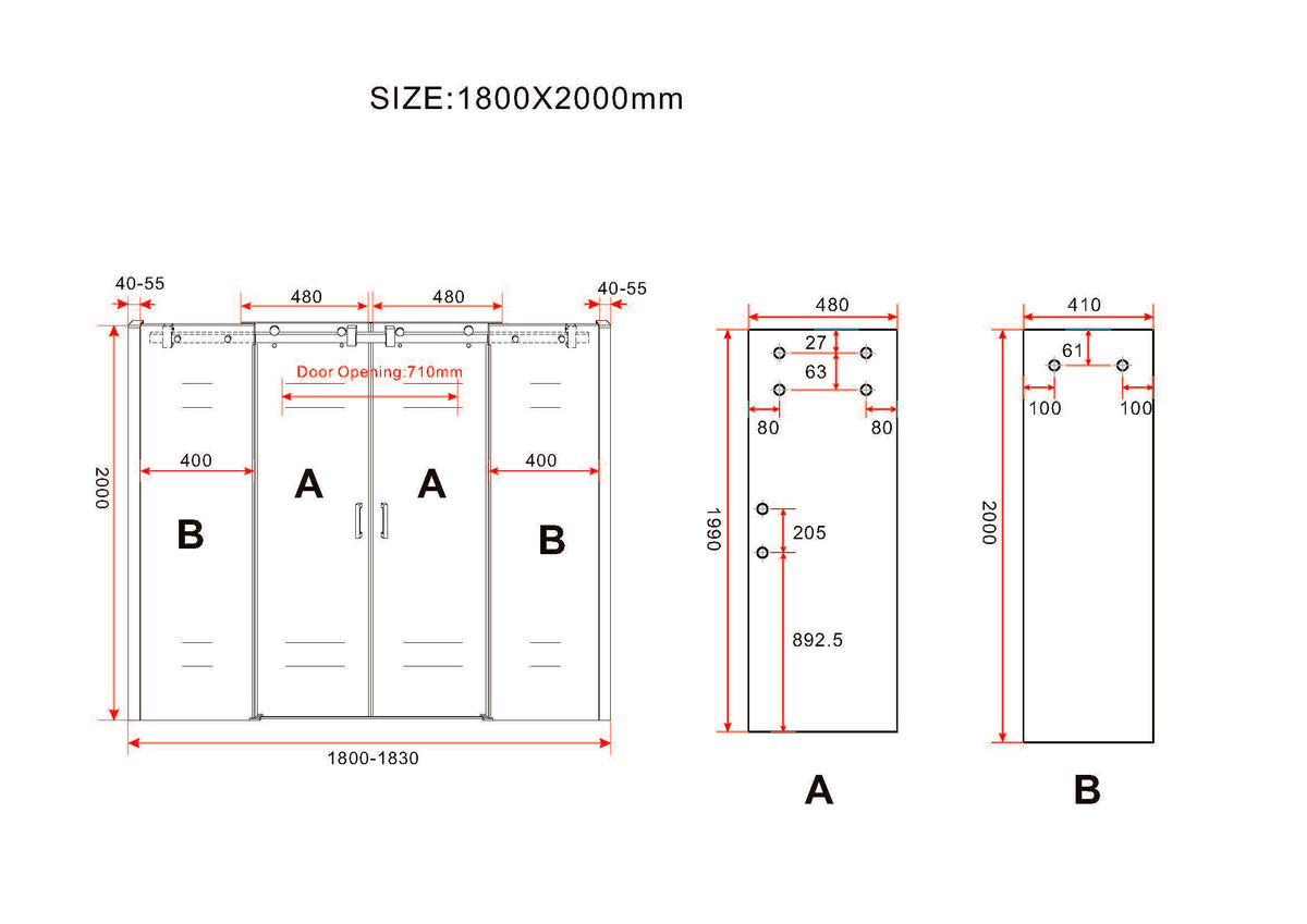 Maattekening Slide nis schuifdeur dubbel 180x200cm 8mm Nano helder glas Chroom
