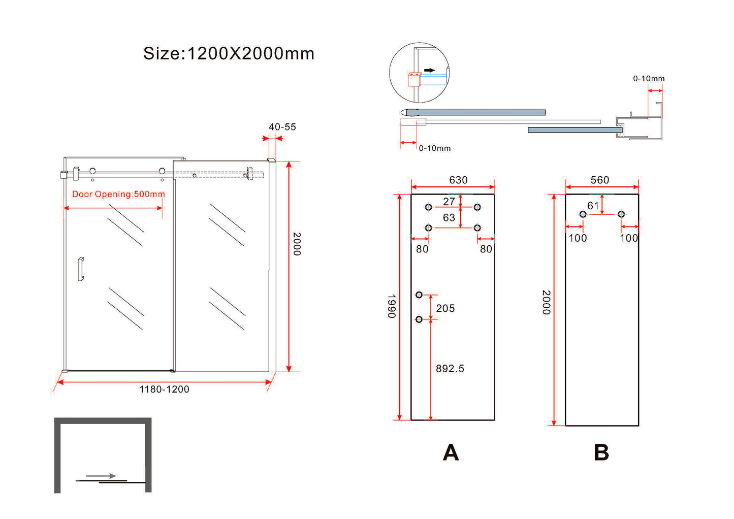 Puerta corredera de nicho deslizante 1200 x 2000 x 8 mm vidrio nano transparente/negro mate