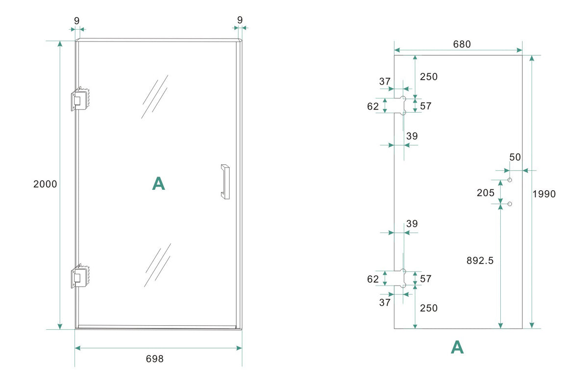 Maattekening Less nisdeur 70x200cm 8mm Nano rookglas Geborsteld messing