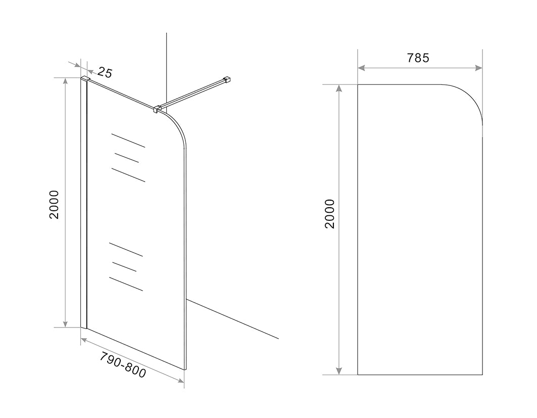 Maattekening Curvea inloopdouche 80x200cm 8mm Nano helder glas