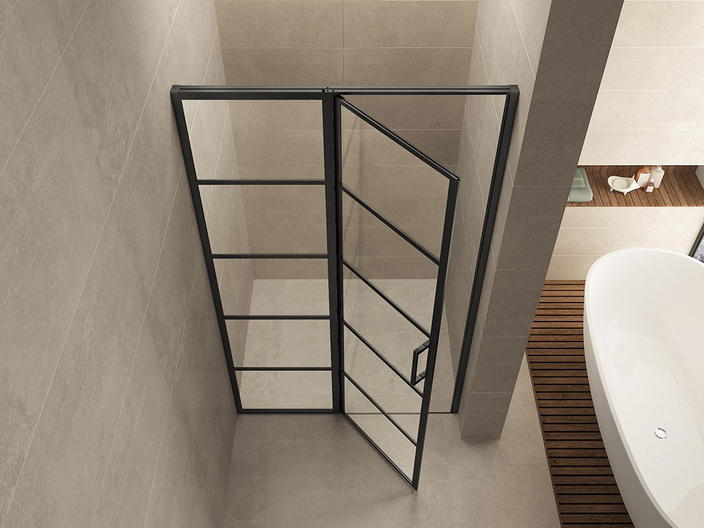 Horizon nisdeur met vast deel en raster 900 x 2000 x 8mm nano helder glas/mat zwart - WDtegels