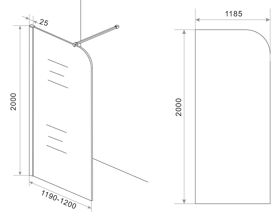 Maattekening Curvea inloopdouche 120x200cm 8mm Nano rookglas