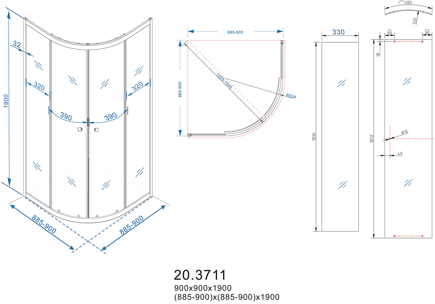 Eco kwartronde douchecabine | 2 schuifdeuren | 90x90x190cm | 5 mm nano helder glas/chroom - WDtegels
