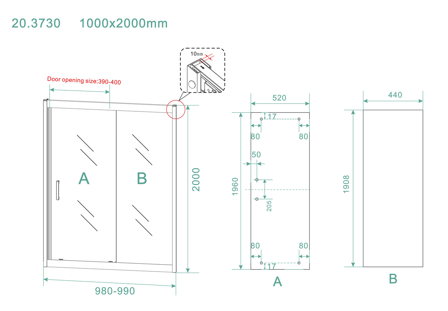 Puerta corredera de nicho Skyline 1000 x 2000 x 8 mm, cristal nano transparente/negro mate