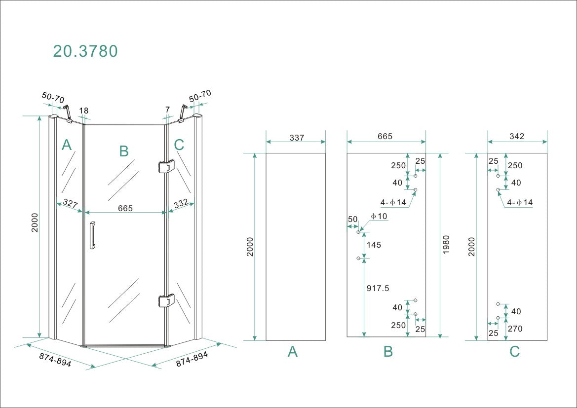 Wiesbaden 5-hoek douchecabine 8mm NANO 900x900x2000 - WDtegels