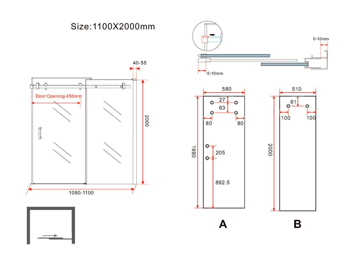 Slide niche sliding door 1100 x 2000 x 8 mm nano clear glass/chrome