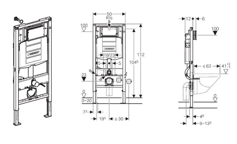 Maattekening Geberit UP-320 inbouwreservoir met montageset