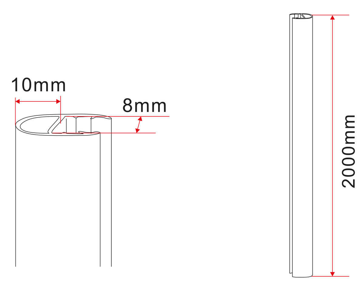 Maattekening Kunststof deurstrip met bolprofiel 8mm x 200cm Transparant