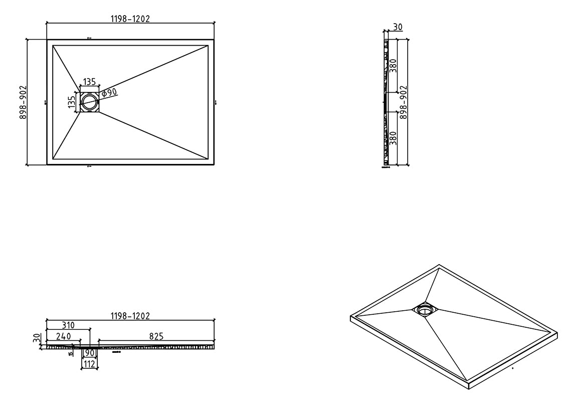 Plato de ducha Stonea antideslizante composite 900x1200x30 mm, regulable, blanco mate