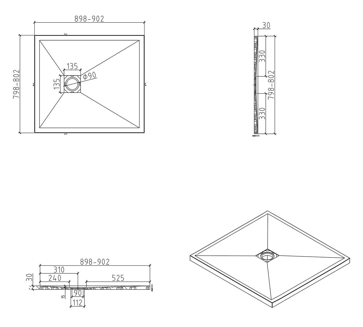 Stonea douchebak antislip composiet | 80x90x3cm | Inkortbaar | Beige