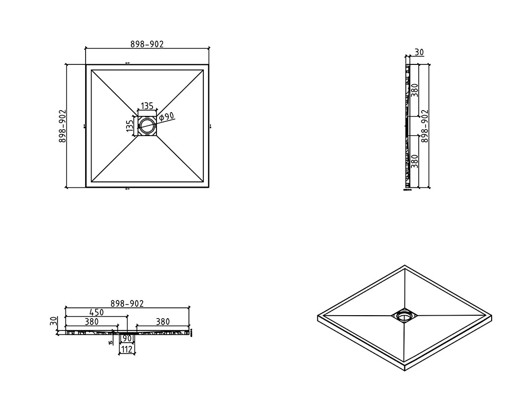 Stonea shower tray non-slip composite 900x900x30 mm, adjustable, matt black