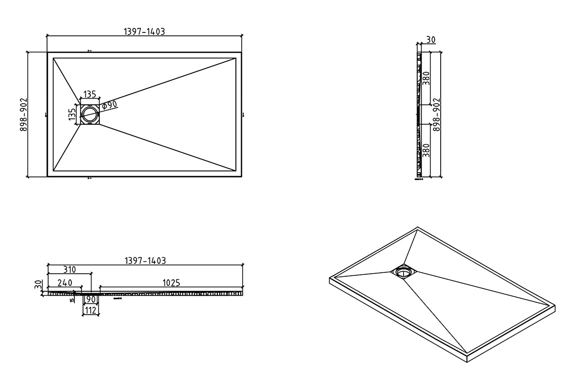 Stonea shower tray non-slip composite 900x1400x30 mm, adjustable, matt black
