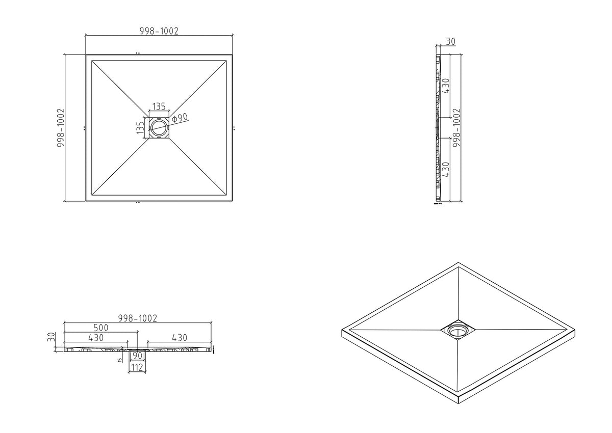 Maattekening Stonea douchebak antislip composiet 100x100x3cm Inkortbaar Beige