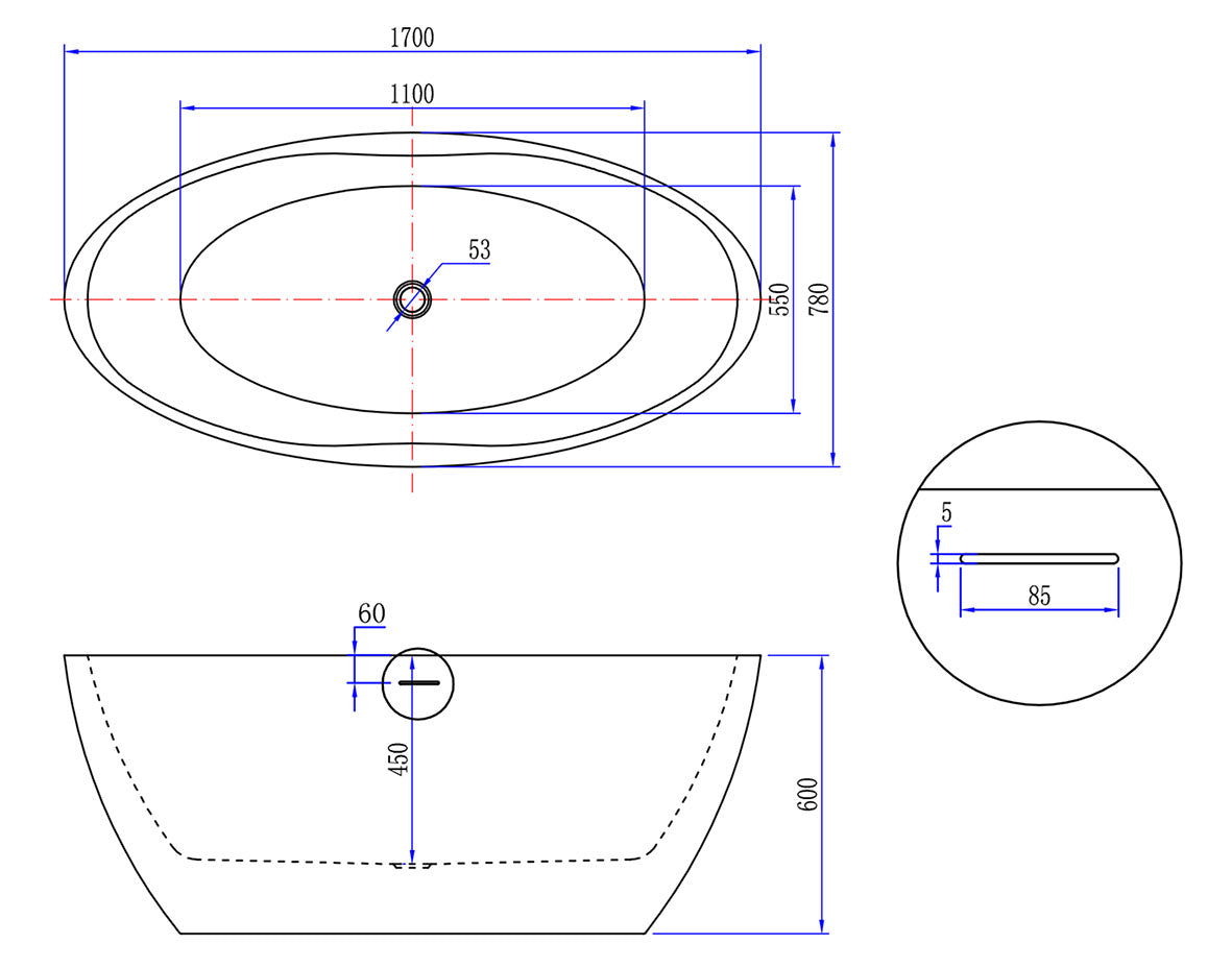 Wiesbaden Oval vrijstaand ligbad | Acryl | 170x78cm | Mat-wit