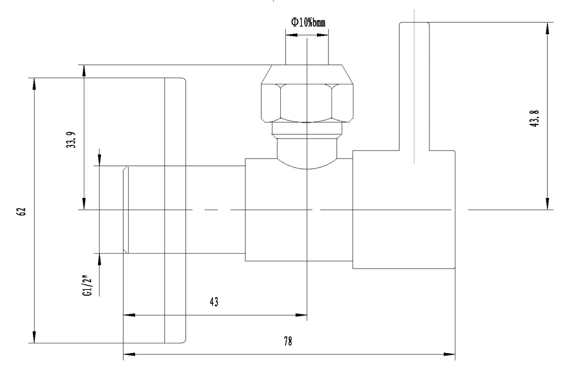 Maattekening Minimal hoekstopkraan met rozet 1/2" x 3/8" of knel 10mm Chroom