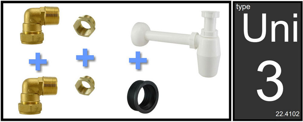 Uni-3 aansluitset met PVC sifon voor fontein en wastafel met mengkraan
