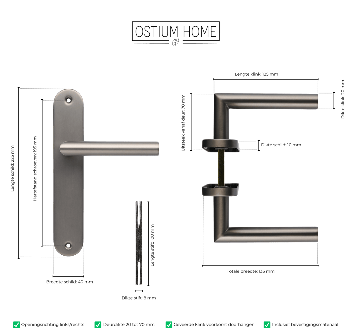 Maattekening van deurklink Torino in gun metal