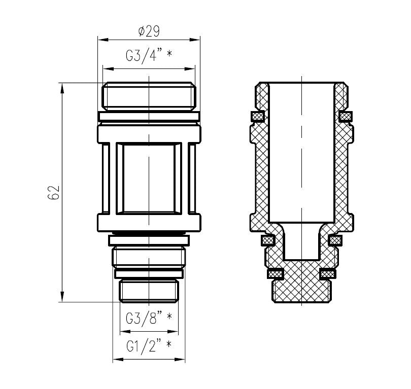 Lijntekening Afdekstop universeel 3/4 inch x 1/2 inch-3/8 inch blauw