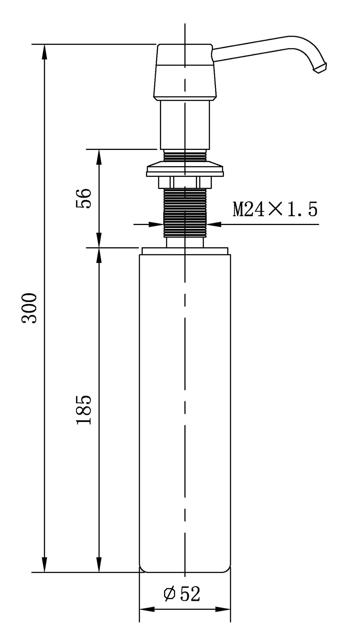 Lijntekening Inbouw zeeppompje met kunststof fles 250ml geborsteld messing PVD