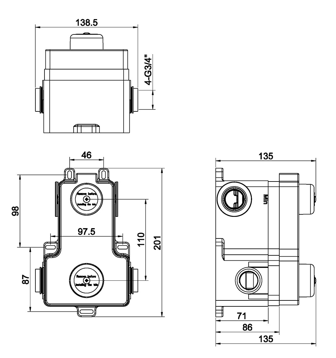 Maattekening Caral inbouwbox inbouwthermostaat 2 weg