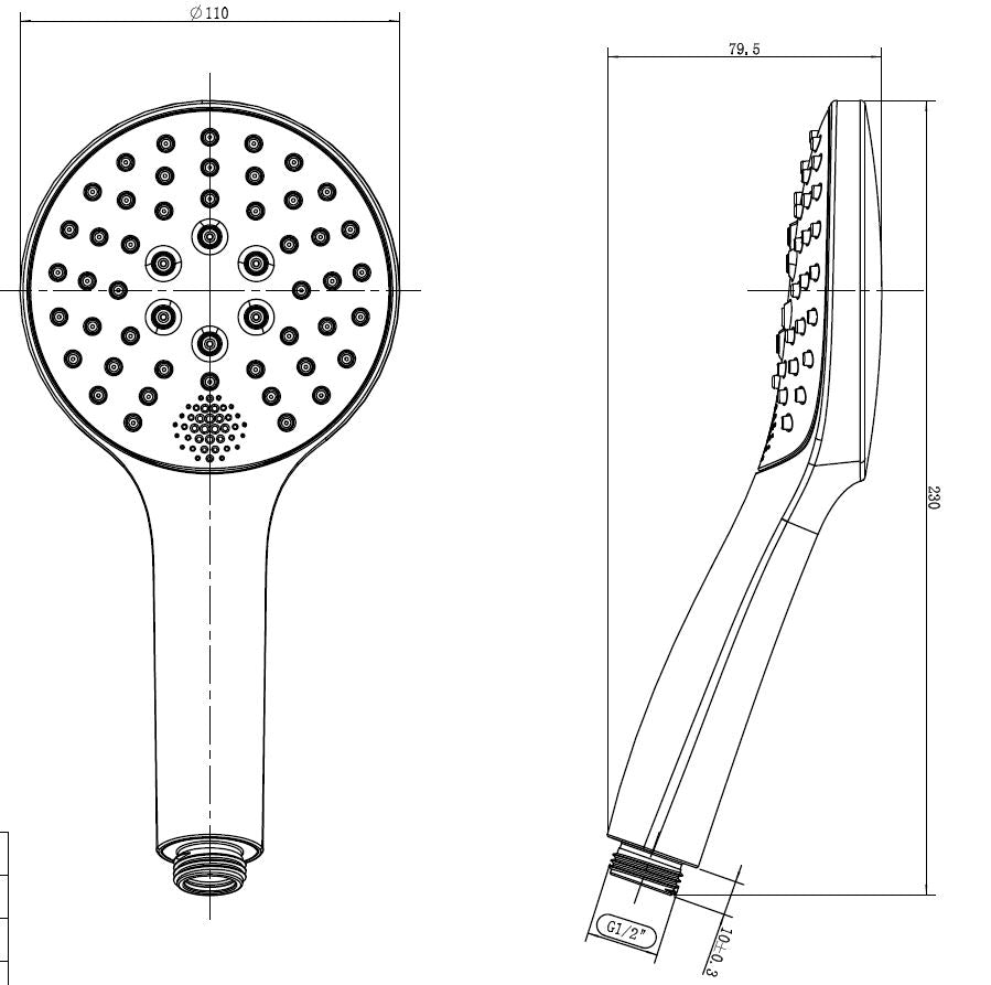 Maattekening Smart handdouche 3 standen Mat zwart