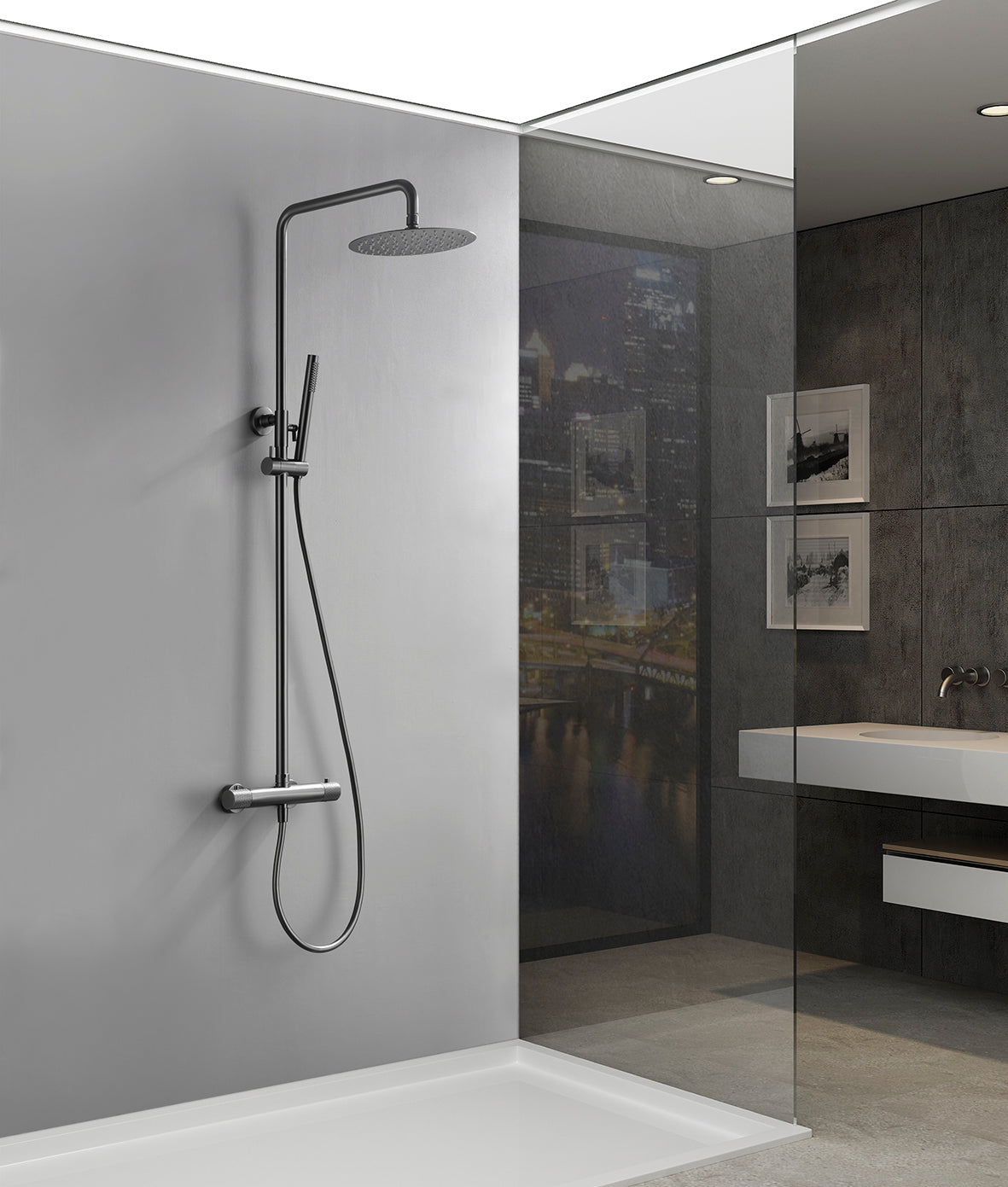 Ribbd thermostatische regendoucheset opbouw gunmetal PVD