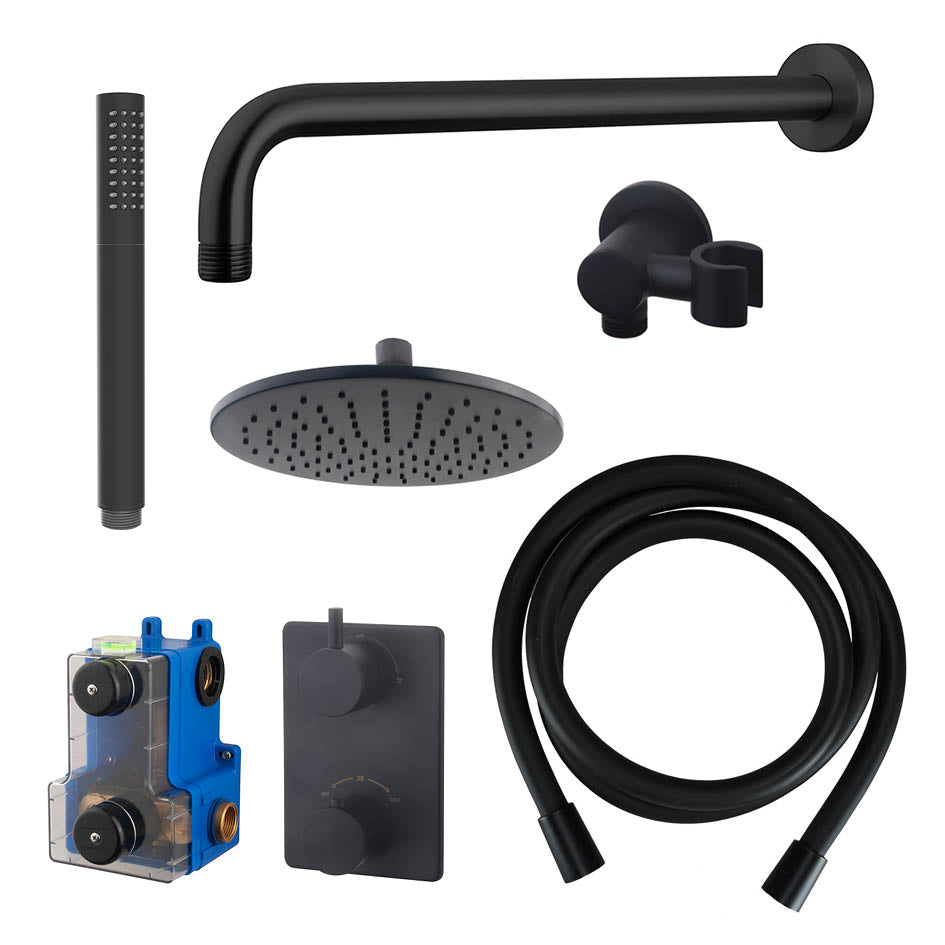 Caral inbouwthermostaat compleet met hoofddouche 25 cm en staafhanddouche mat zwart - WDtegels