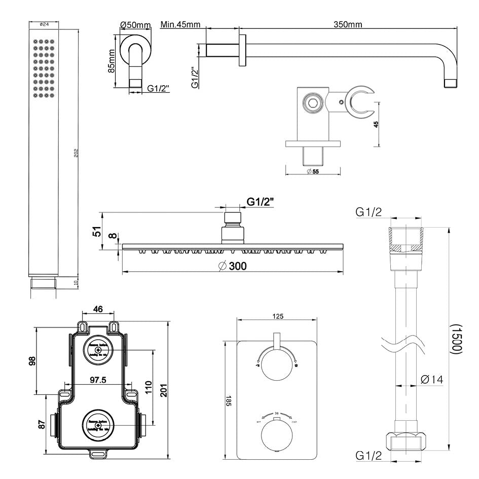 Maattekening Caral inbouwthermostaat compleet met hoofddouche 30cm en staafhanddouche Mat zwart
