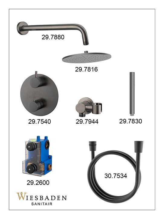 Caral inbouwthermostaat 2 weg rond compleet met hoofddouche 30cm en staafhanddouche Gunmetal - sfeerbeeld