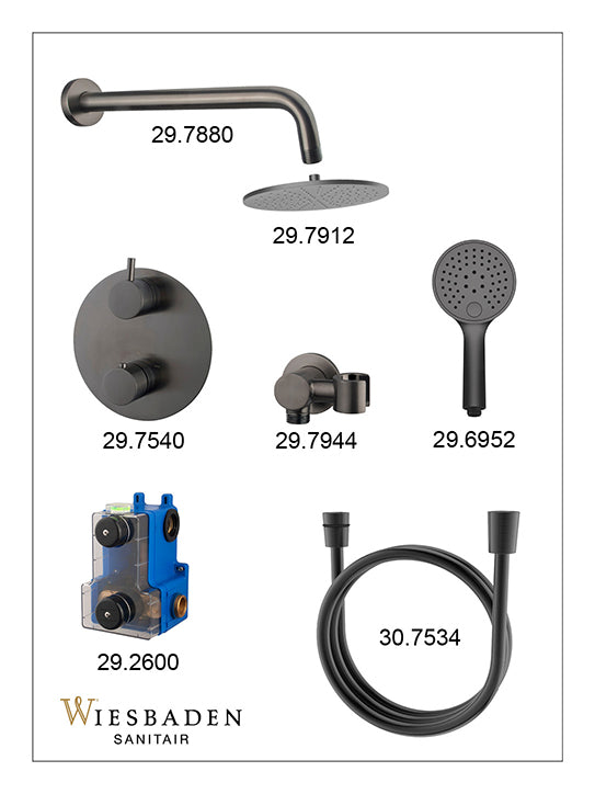 Caral inbouwthermostaat 2 weg rond compleet met hoofddouche 25cm en handdouche 3 standen Gunmetal - sfeerbeeld