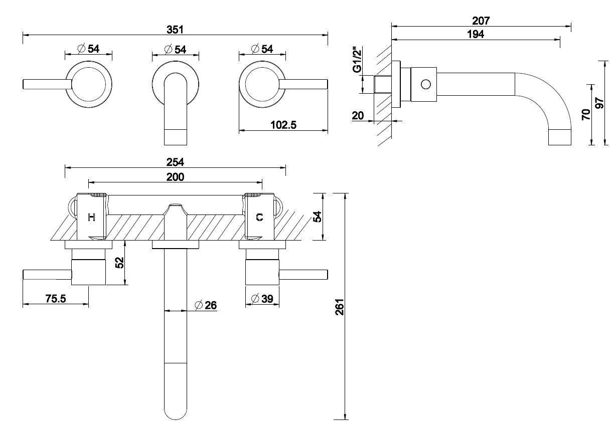Wiesbaden Caral 2-knops wastafel-afbouwdeel geborsteld staal