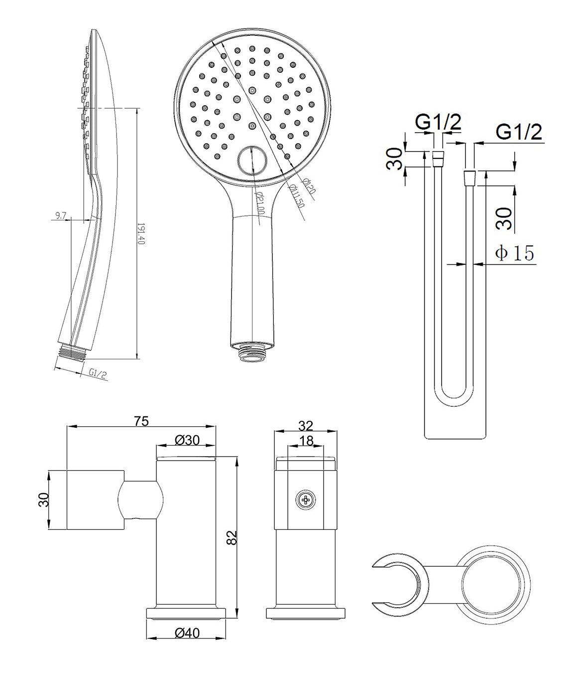 Maattekening UniMatch handdoucheset met handdouche 3 standen, doucheslang en kantelbare wandhouder Ø12cm Geborsteld messing