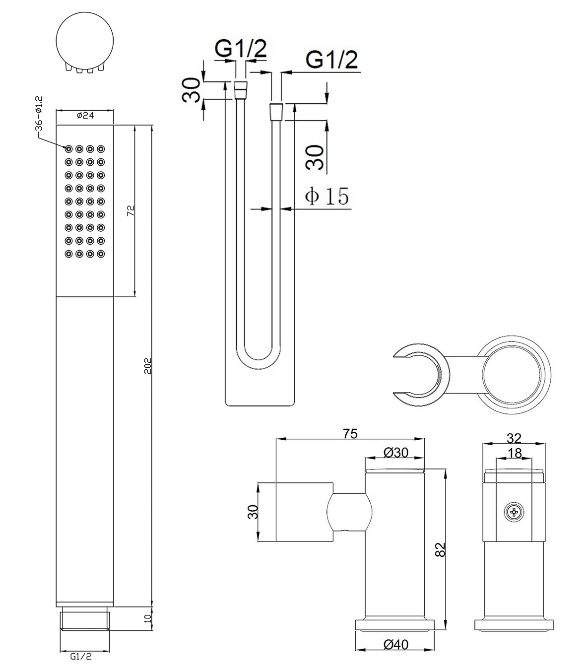 Maattekening UniMatch handdoucheset met staafhanddouche 1 stand, doucheslang en kantelbare wandhouder Geborsteld messing/mat zwart