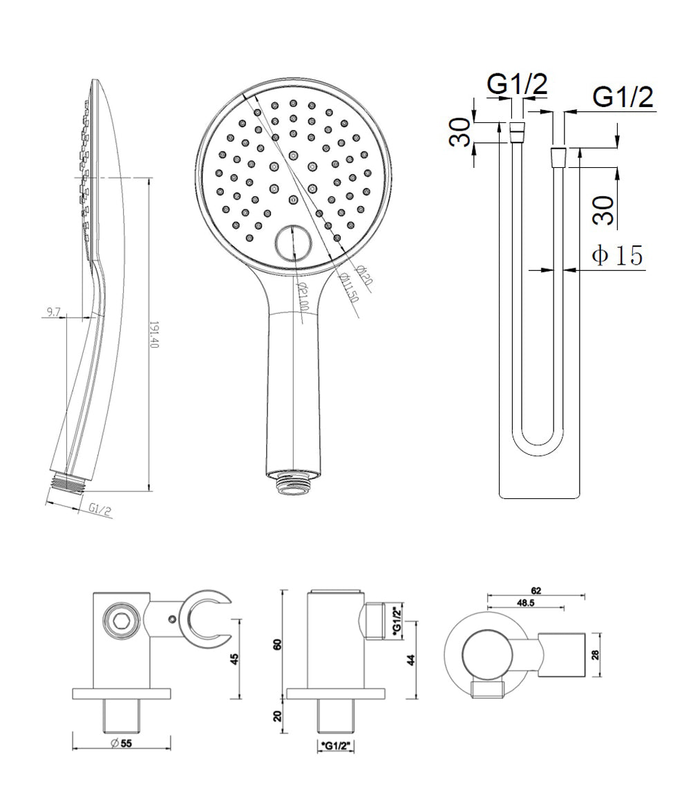 Maattekening UniMatch handdoucheset met handdouche 3 standen, doucheslang en wandaansluitbocht Ø12cm Geborsteld staal