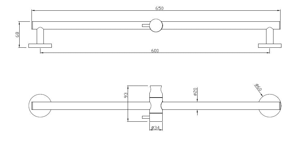 Wiesbaden chroom messing glijstang+glijstuk rond 650mm