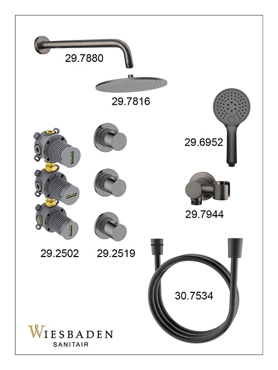 Caral inbouwthermostaat 2 stopkranen compleet met hoofddouche 30cm en handdouche 3 standen Gunmetal - sfeerbeeld