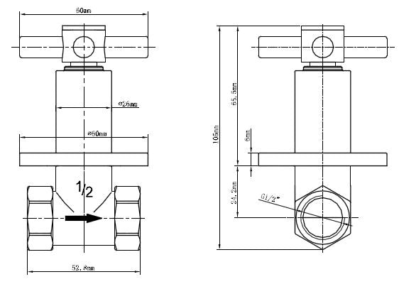 Maattekening Cross inbouw stopkraan 1/2" Chroom
