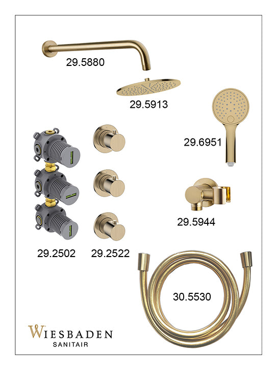 Caral inbouwthermostaat 2 stopkranen compleet met hoofddouche 25cm en handdouche 3 standen Geborsteld messing - sfeerbeeld