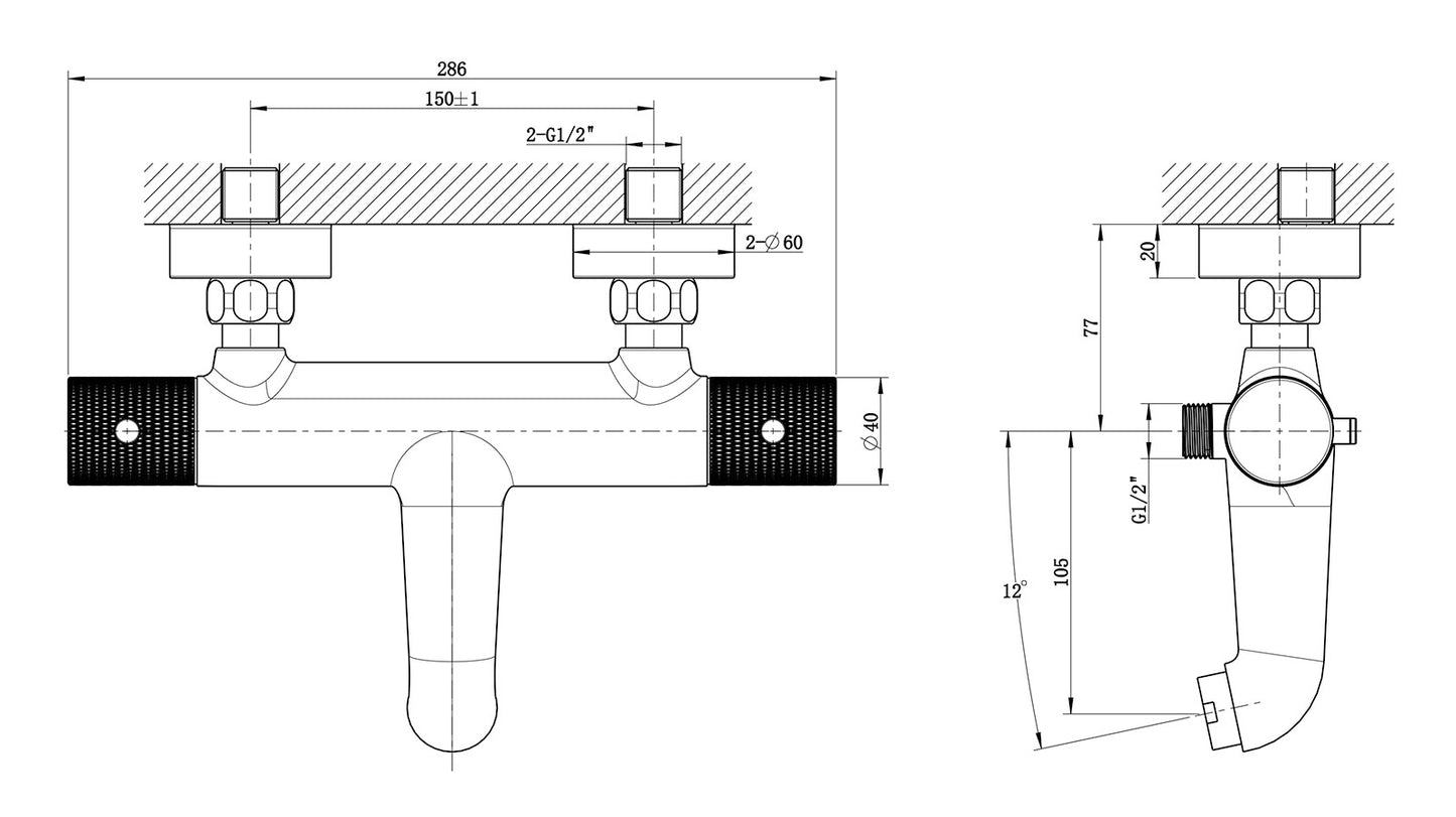 Ribbd thermostatic bath mixer tap, centre distance 15 cm, matt black