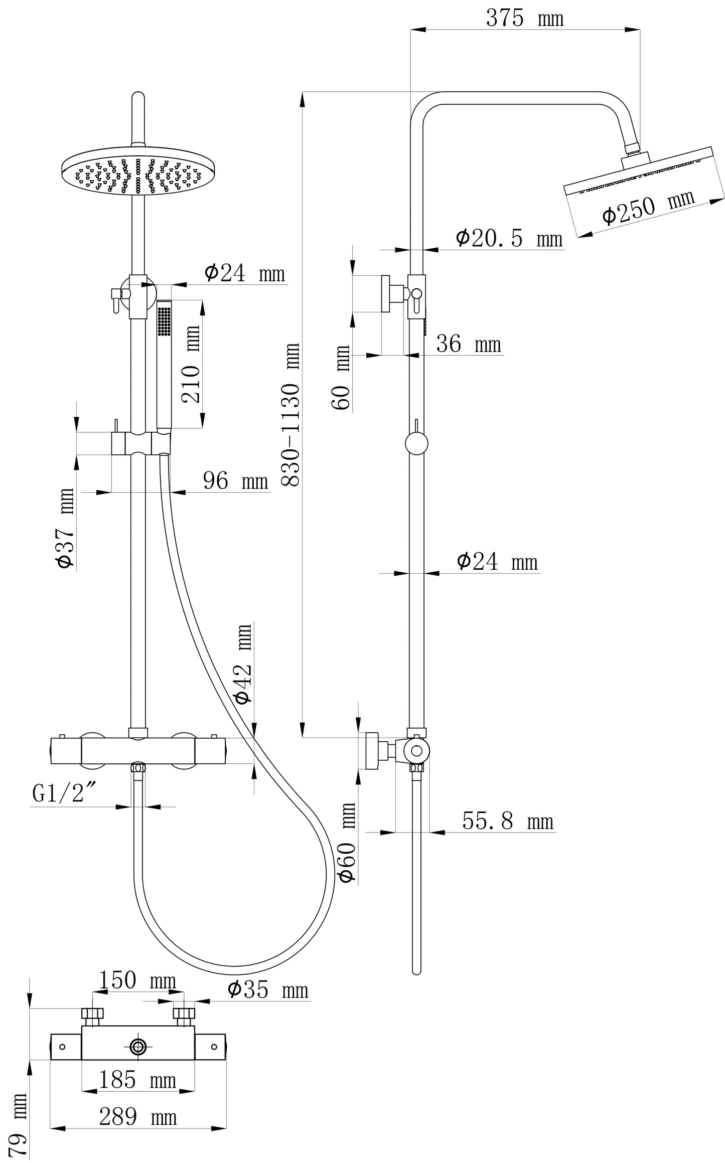 Caral thermostatische regendoucheset | Opbouw | Geborsteld messing PVD - WDtegels